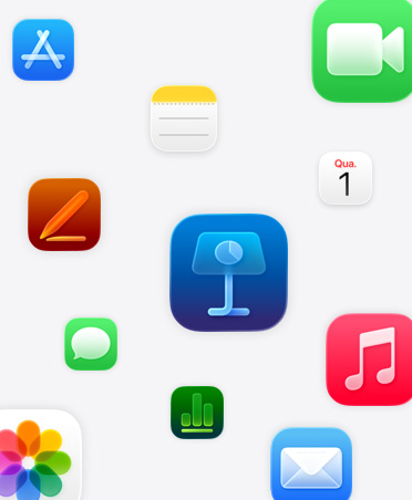 Apps da Apple: Keynote, Pages, Numbers, Música, Fotos, Notas, Calendário, Mail, FaceTime, Mensagens, App Store