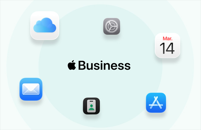 Une gamme d’apps et d’outils pour les affaires, dont iCloud, Calendrier, Plans, Apple Business, Mail, Réglages et App Store