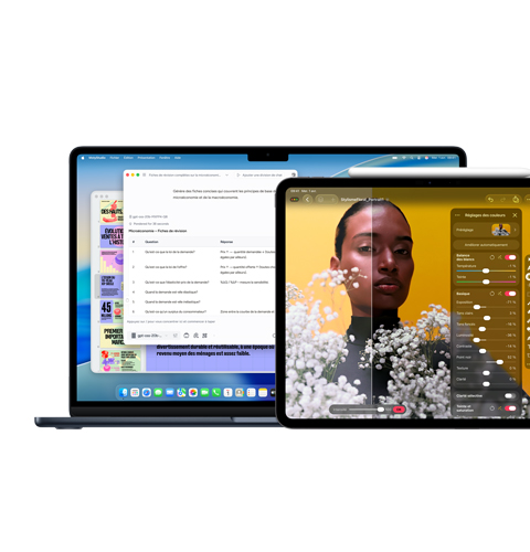 Écran de Mac affichant Apple Intelligence, écran d’iPad affichant Pixelmator Pro