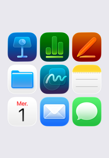 Icônes d’apps Apple, disposées en grille 3 x 3, dont : Keynote, Numbers, Pages, Fichiers, Notes et Calendrier.
