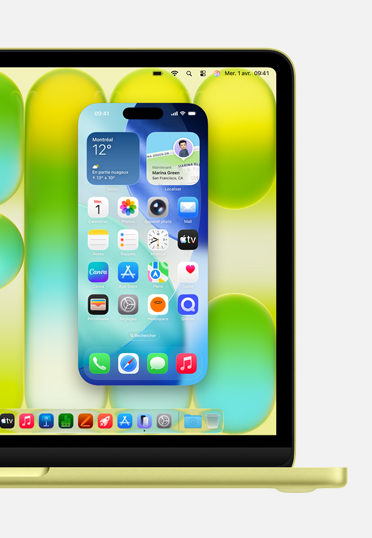 MacBook, face avant, l’écran affiche la recopie d’iPhone, qui permet d’utiliser l’écran d’iPhone à partir de Mac.