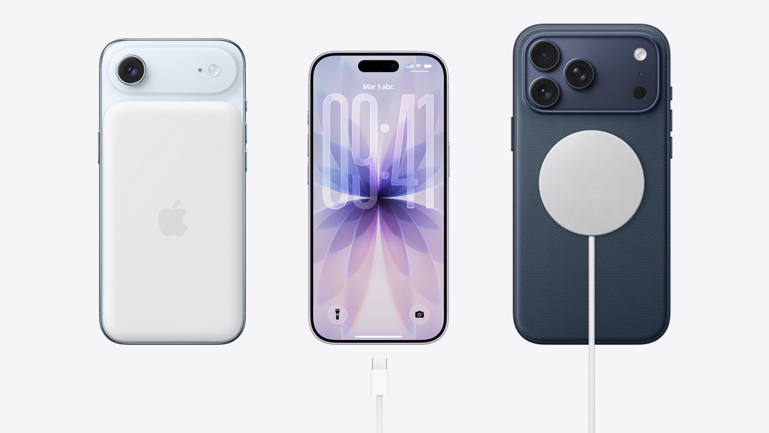 Lado a lado. Parte trasera de un iPhone Air con batería MagSafe acoplada, parte frontal de un iPhone 17 con diseño todo pantalla, cable de carga USB-C cerca de un puerto de carga, parte trasera de un iPhone 17 Pro con cable de carga MagSafe acoplado