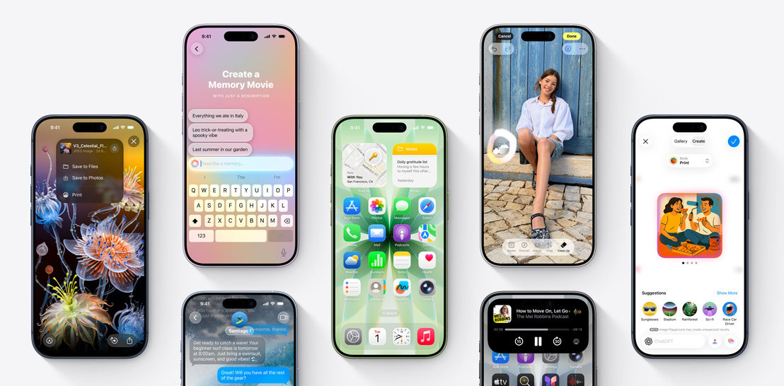 Řada modelů iPhonu 17 a 17 Pro s různým obsahem na displeji jako ukázka funkcí iOS 26 a Apple Intelligence