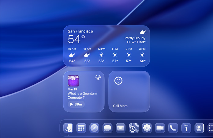 Widgety Počasí, Podcasty a Připomínky v Liquid Glass designu na obrazovce macOS Tahoe