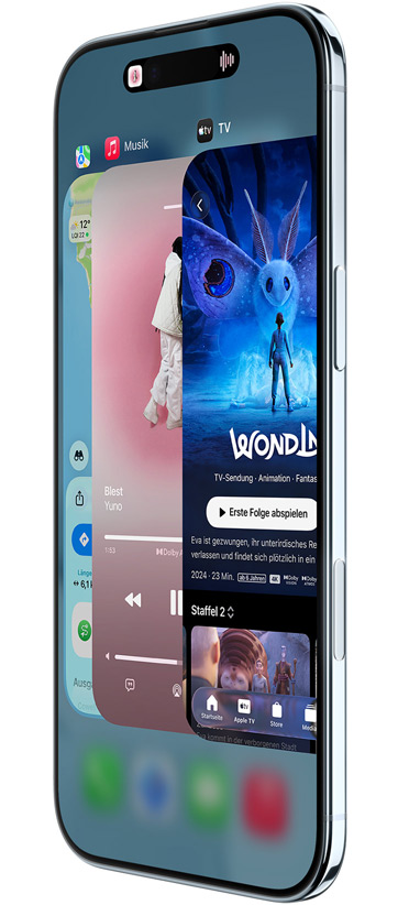 iPhone Air, Vorderseite, Seite, mit den Apps Karten, Musik und Apple TV, das App-Umschalter Feature wird verwendet