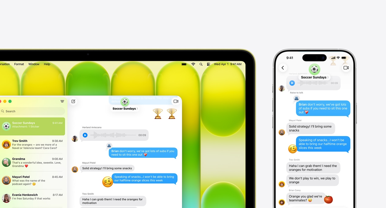 Tsitruse toonis MacBook Neo kuvab rakenduses Messages grupivestlust pealkirjaga „Soccer Sundays“ ja muid hiljutisi sõnumeid, selle kõrval olev iPhone näitab sama grupivestlust