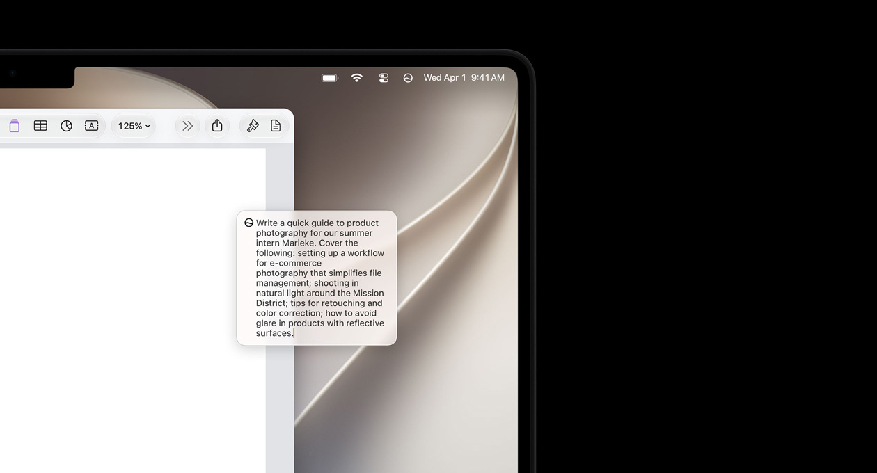 En MacBook-skärm som visar rutan Redigera med Siri över ett namnlöst dokument som beskriver ett arbetsflöde för fotografering för en ny teammedlem