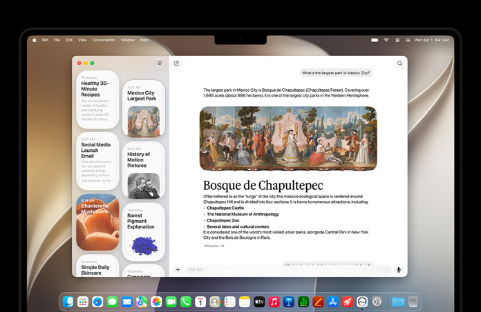 14-tums MacBook Pro i rymdsvart, på skärmen visas Siri-appen med en aktiv konversation med Siri AI och tidigare konversationer i sidofältet.