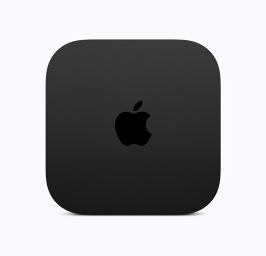 Un’Apple TV 4K nera vista dall’alto, logo Apple TV nero lucido