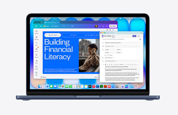 MacBook Neo in Mitternacht, das Display zeigt eine Webseite mit dem Titel «Building Financial Literacy» mit dem Bild einer Person, ein E‑Mail Entwurf ist geöffnet, die Menüleiste mit verschiedenen Symbolen, unten das Dock mit App Symbolen