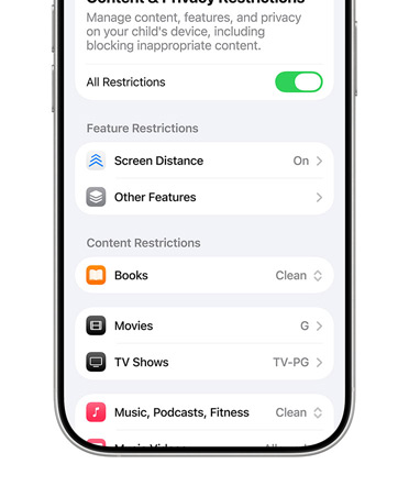 iPhone-scherm met opties voor content- en privacybeperkingen voor een Kinderaccount.