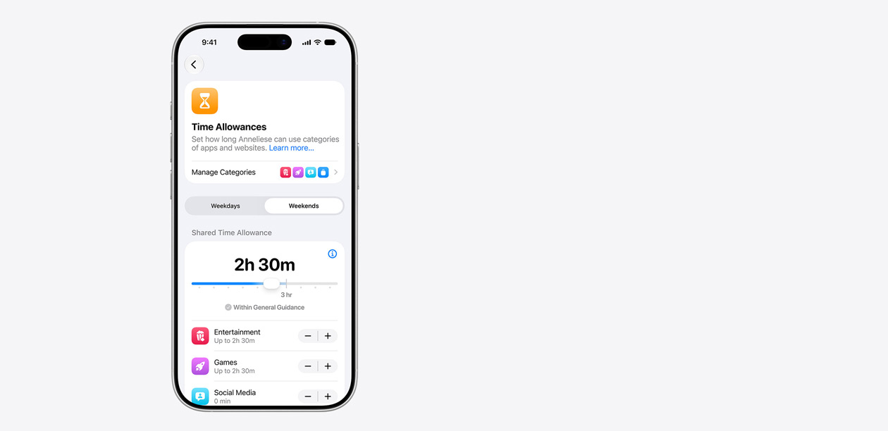 iPhone-scherm met daarop de interface voor Tijdslimiet, met daaronder een gedeelde tijdslimiet van twee uur en 30 minuten, en voorgestelde limieten voor appcategorieën zoals Amusement, Games en Social Media.