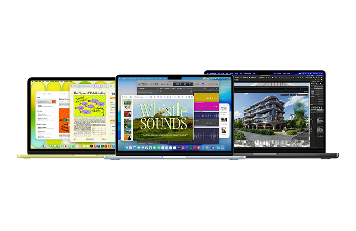 MacBook Neo i farven citrus, MacBook Air i farven sølv og MacBook Pro i farven space black viser Mac-modellernes forskellige ydeevnen