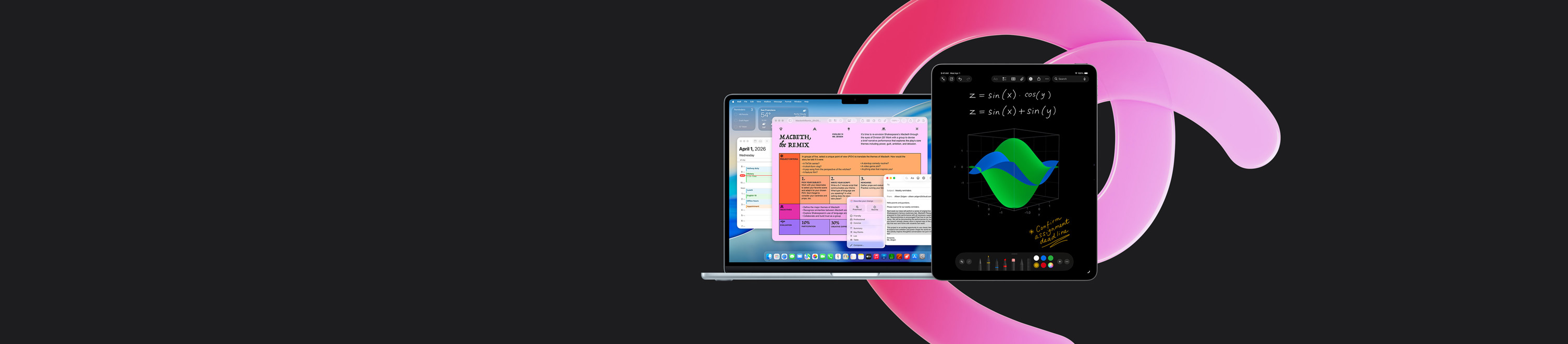 En MacBook Air med Pages, Kalender, Advarsel og Mail ved siden af en iPad med håndskrevne ligninger i Matematiknoter. Det viser produktiviteten med indbyggede apps.
