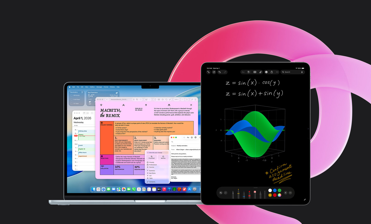 En MacBook Air med Pages, Kalender, Advarsel og Mail ved siden af en iPad med håndskrevne ligninger i Matematiknoter. Det viser produktiviteten med indbyggede apps.