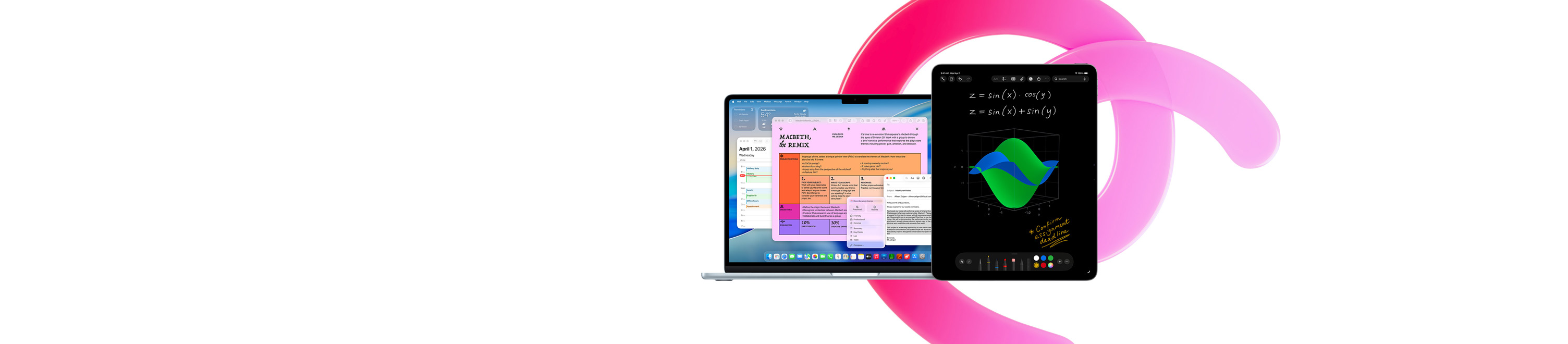 En MacBook Air med Pages, Kalender, Advarsel og Mail ved siden af en iPad med håndskrevne ligninger i Matematiknoter. Det viser produktiviteten med indbyggede apps.