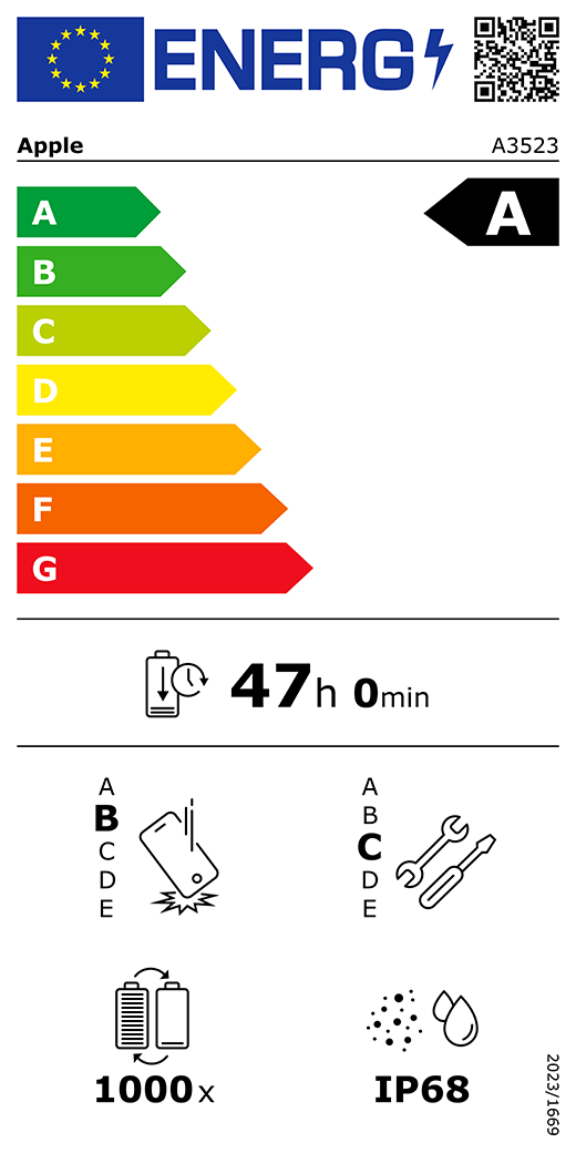 EU-energimærke, QR-kode og information, Apple-model A3523, klasse A, energieffektivitetsklasser (med en skala fra A til G), A (mest effektiv) til G (mindst effektiv), batteriholdbarhed pr. cyklus: 47 timer og 0 minutter pr. fuld batteriopladning, klasse B for holdbarhed ved gentagne frie fald, A (mest robust) til E (mindst robust), klasse C for reparerbarhed, A (mest reparerbar) til E (mindst reparerbar), batteriholdbarhed på 1000 cyklusser, IP-klassificering for støv- og vandbeskyttelse: IP68, forordning 2023/1669.