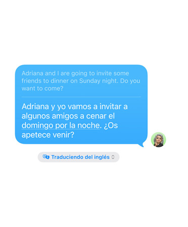Fonctionnalité Traduction en direct en cours d’utilisation dans Messages affichant une traduction de l’anglais vers l’espagnol
