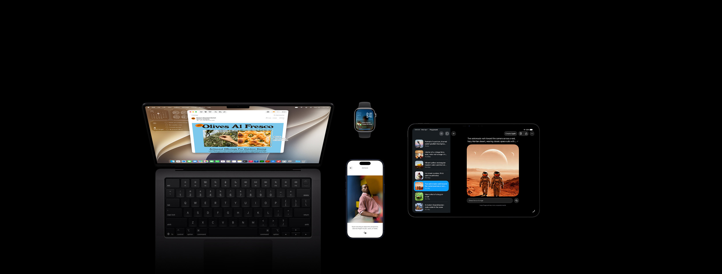 Vier Produkte: Das iPhone 17 Pro in Tiefblau zeigt das Feature zum Bearbeiten von Fotos mit einem Bild einer Person, die sich gegen eine Theke lehnt, Apple Watch Series 11, 46 mm, Space Grau, zeigt das Datum und den Sperrbildschirm mit einer Erinnerung an einen Geburtstag im Smart Stapel, das 14 Zoll MacBook Pro, Space Schwarz, zeigt eine Demo zur Visuellen Intelligenz mit einem Bildschirmfoto einer Oliven-Focaccia aus einer E‑Mail und mehreren Anfragen zum Bild, und  das 11 Zoll iPad Pro, Space Schwarz, zeigt Image Playground mit dem Bild von zwei Astronauten, das aus einer Liste in der Seitenleiste ausgewählt wurde