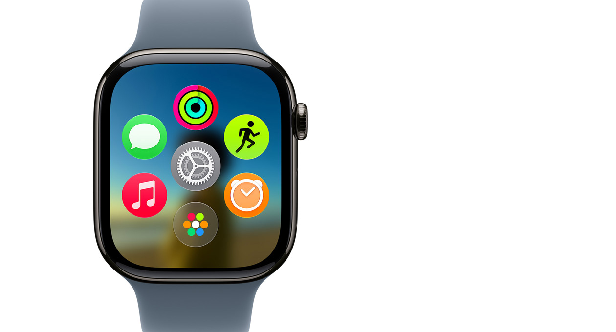 Apple Watch Series 11, Leisteen titanium, met daarop het dynamisch app-overzicht