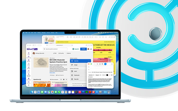 MacBook, bleu ciel, ouvert, l’écran affichant des contenus éducatifs dans Keynote, Mail et Safari, avec notamment « BIO-200 : Quiz sur le système musculaire » dans Kahoot!