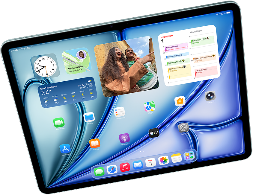 iPad Air fekvő nézetben, rajta az Apple Intelligence működés közben az Image Playgrounddal és a Keynote-tal, valamint egy Apple Pencil Pro