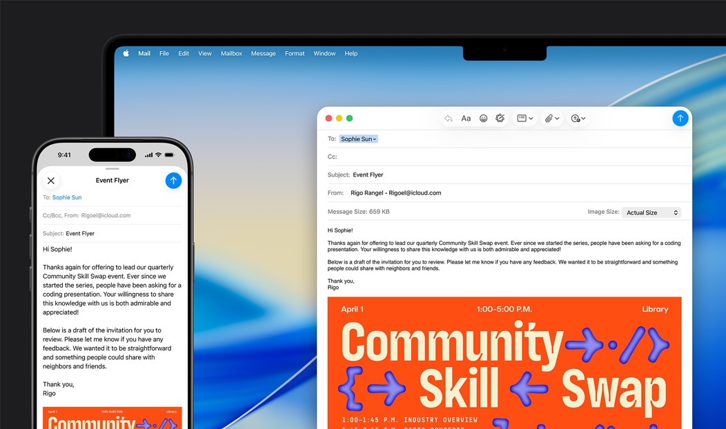 iPhone 16 Plus és MacBook Pro, megnyitva a Mail app, ugyanaz az e-mail-vázlat látható mindkét kijelzőn