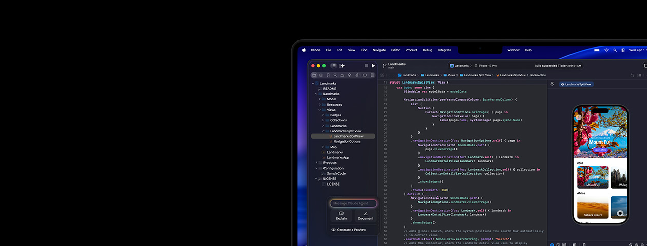 Xcode berjalan di Mac, dilengkapi asisten kode pemrograman AI Claude Agent dan pratinjau aplikasi di iPhone