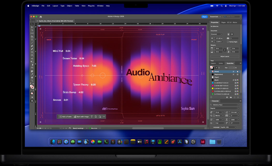Layar MacBook Pro menampilkan Adobe InDesign yang sedang digunakan untuk membuat sampul piringan hitam