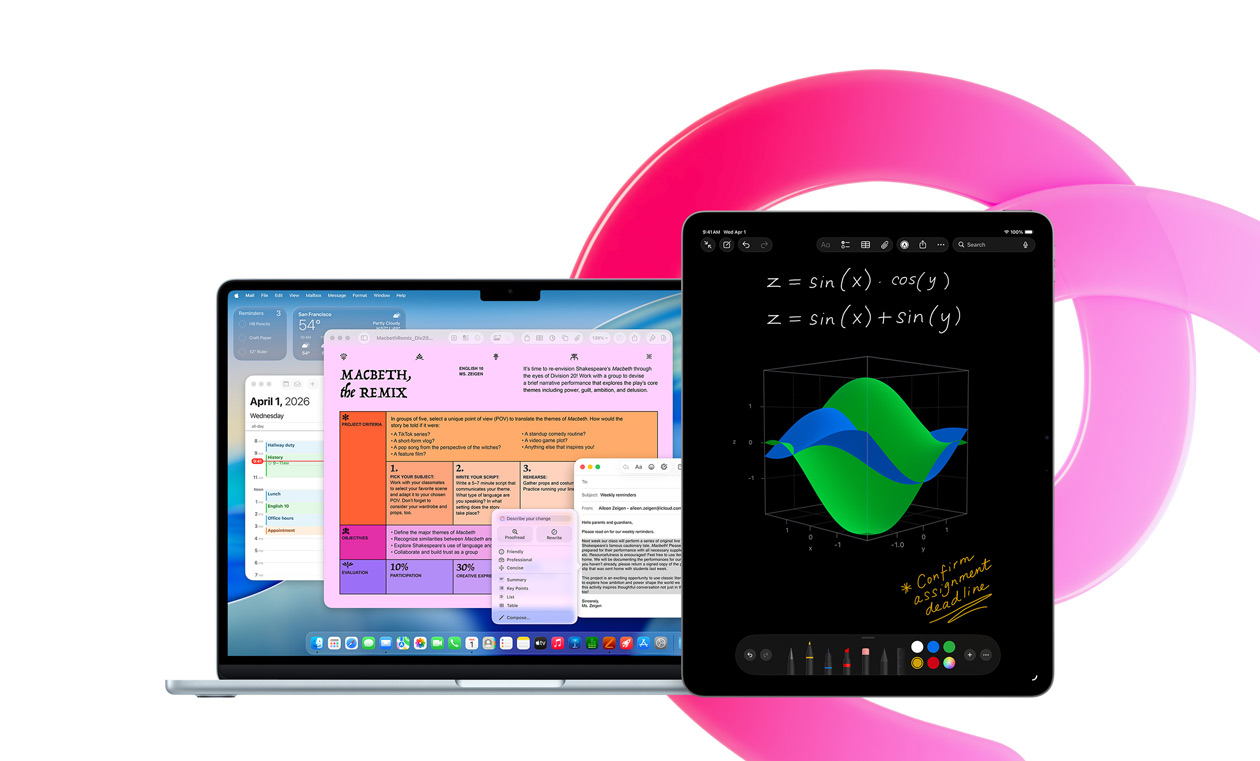 Un MacBook Air con Pages, Calendario, Mail e un avviso, accanto a un iPad con delle equazioni scritte a mano in Note matematiche, per mostrare la produttività con le app integrate