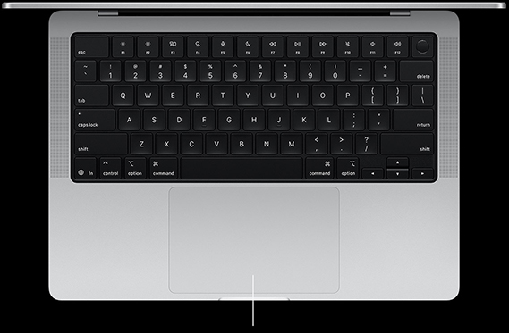 Atverto 14 colių „MacBook Pro“ su „Force Touch“ manipuliatoriumi po klaviatūra vaizdas iš viršaus