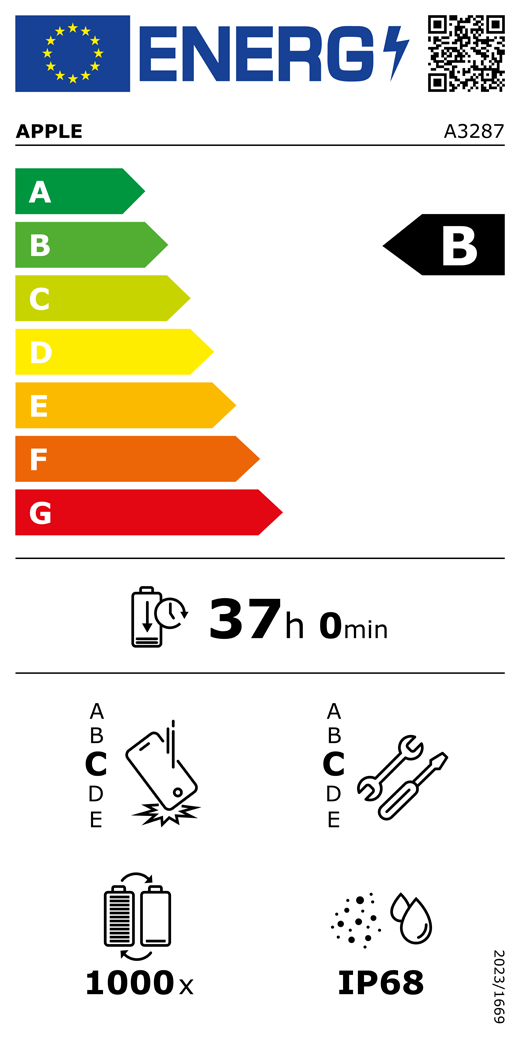 ES energomarķējuma QR kods un informācija, Apple modelis A3287, B klase, energoefektivitātes klases (sistēmā no A līdz G), no A (visefektīvākā) līdz G (visneefektīvākā), akumulatora izturība vienā ciklā, 37 stundas un 0 minūtes ar pilnībā uzlādētu akumulatoru, vairākkārtējas kritienizturības klase: C, no A (visizturīgākā) līdz E (visneizturīgākā), remontējamības klase: C, no A (visremontējamākā) līdz E (visneremontējamakā), akumulatora cikliskā izturība: 1000, korpusa aizsargātības pret putekļiem un ūdeni pakāpe (IP) IP68, Regula 2023/1669
