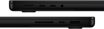 Trīs MacBook Pro porti: kreisajā pusē ir MagSafe 3, divi Thunderbolt porti un austiņu ligzda; labajā pusē ir SDXC kartes slots, viens Thunderbolt ports un HDMI