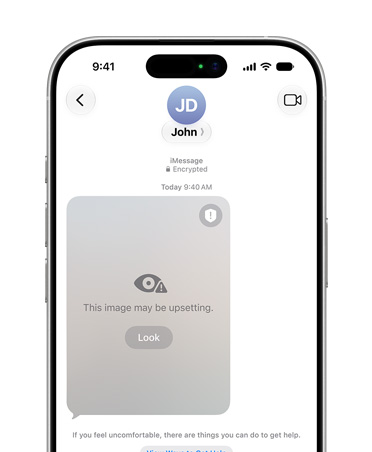 iPhone displaying Communication Safety feature warning user of potential sensitive material being viewed on a Child Account.