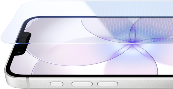جهاز iPhone 17e، الجزء الخارجي الأمامي مع درع السيراميك 2، الجهة الجانبية الخارجية، لون أبيض، الأزرار: زر الإجراءات، زرّا ضبط مستوى الصوت