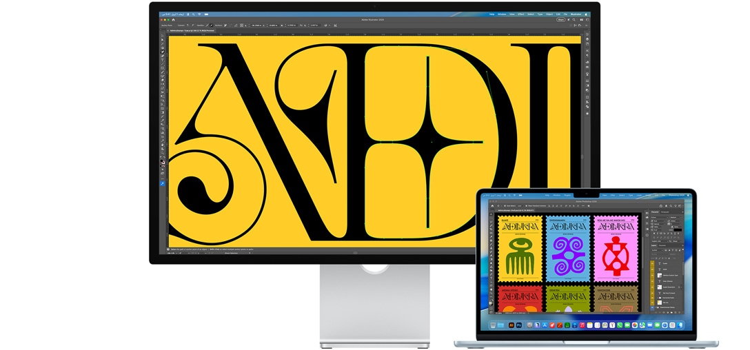 شاشة Studio Display وجهاز لابتوب Mac يعرضان جلسة في Pro Tools مع Splice integration، الزجاج المعالج بتكنولوجيا النانو يساعد على تقليل درجة الانعكاس على شاشة البرنامج الداكنة