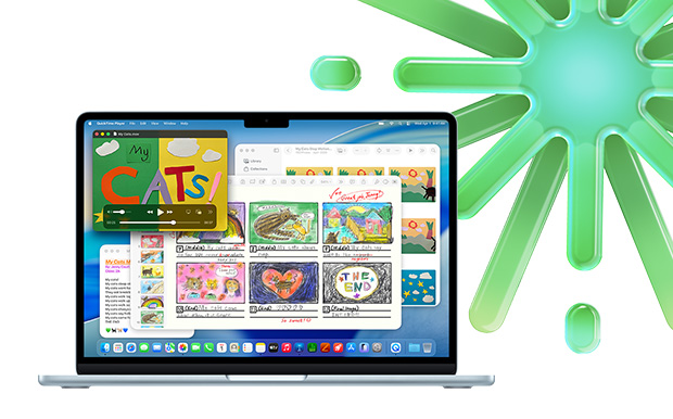 MacBook in Sky Blue, displaying Quicktime, Notes, Keynote and Photos, showcasing ability to multitask with multiple apps