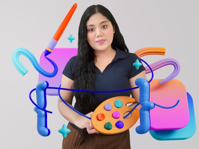 Gayatri Goundadkar s barevnou paletou digitálního umělce s barevnými 3D ilustracemi štětce a klikatými liniemi, jež znázorňují, jak aplikace vyrovnává třes ruky