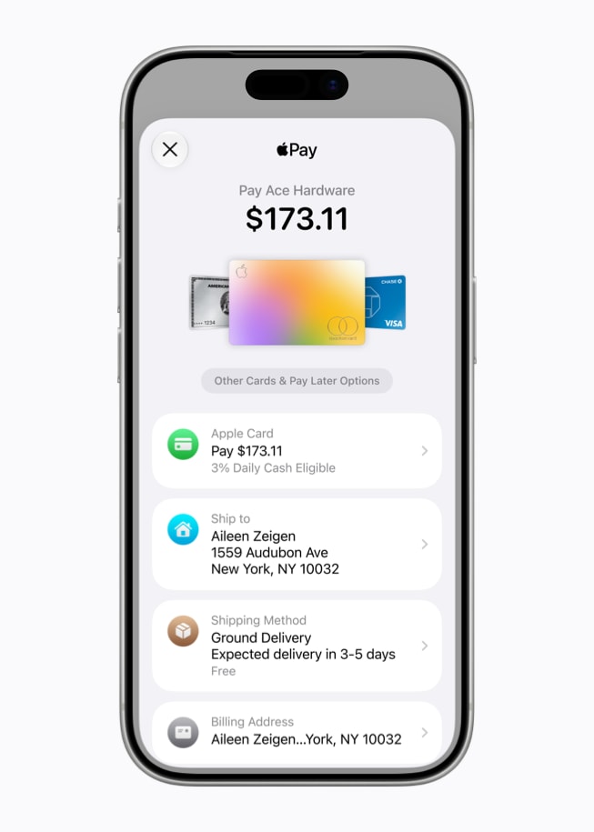 iPhone 17 Pro viser en Apple Pay-skærm med et samlet transaktionsbeløb, Apple Card-oplysninger, brugerens leveringsoplysninger, leveringsmetoden og brugerens faktureringsadresse.