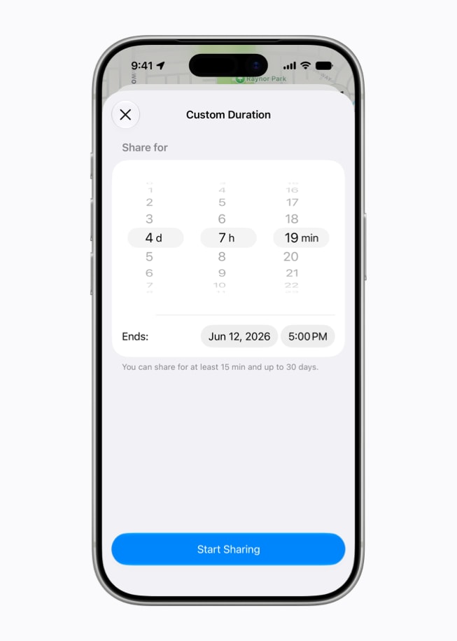 iPhone 17 Pro viser en Find-skærm, hvor en bruger indstiller varigheden til fire dage, syv timer og 19 minutter.