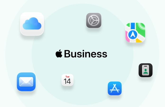 Logo Apple Business otoczone ikonami aplikacji: iCloud, Mapy, AppleCare, Poczta, Kalendarz, App Store, Apple Business