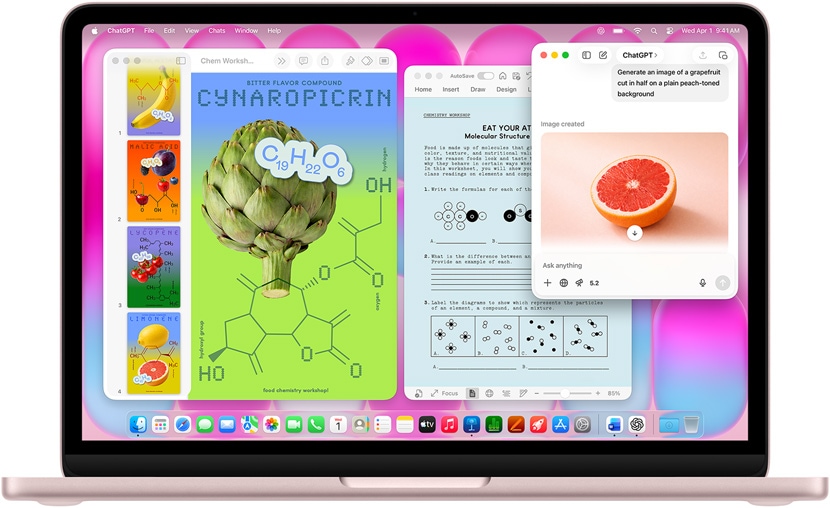 MacBook Neo, culoare Îmbujorare, folosind ChatGPT pentru a genera o imagine cu un grepfrut, alte ferestre conțin un document Keynote intitulat „Afișe cu molecule”, cu imagini cu fructe și legume și compușii moleculari aferenți, precum și un document Microsoft Word asociat