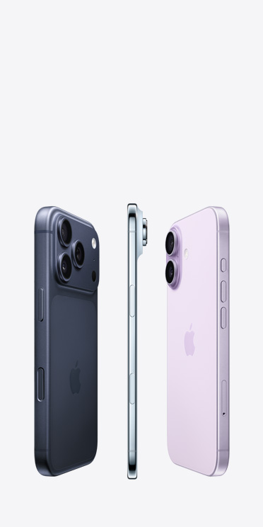 iPhone 17 Pro, back exterior, Pro fusion camera system spanning across the top, iPhone Air, very thin titanium side, iPhone 17, back exterior, Advanced Dual camera system in top left corner