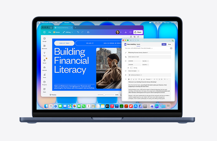 MacBook Neo สีมิดไนท์, แสดงเว็บเพจชื่อ “Building Financial Literacy” พร้อมรูปภาพของบุคคล, ร่างอีเมลที่เปิดอยู่, แถบเมนูที่มีไอคอนหลากหลายแบบ, Dock ที่ด้านล่างที่มีไอคอนแอปต่างๆ