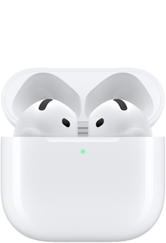 Unos AirPods 4 dentro del estuche de carga con la tapa abierta.
