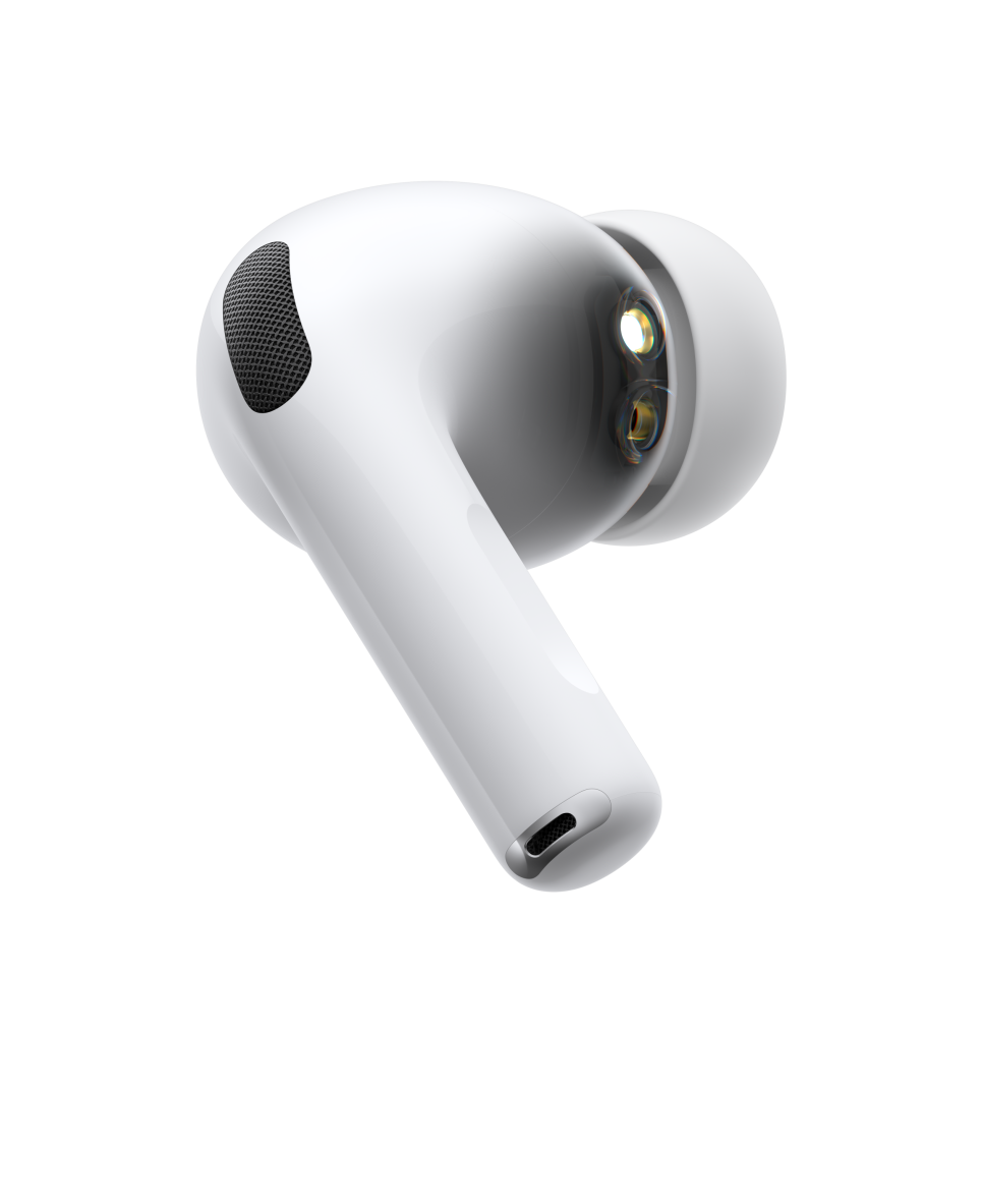 AirPods Pro 3, vezeték nélküli fülhallgató, fehér szín, oldalnézet, rövid csőszerkezetes szár, pulzáló hullám