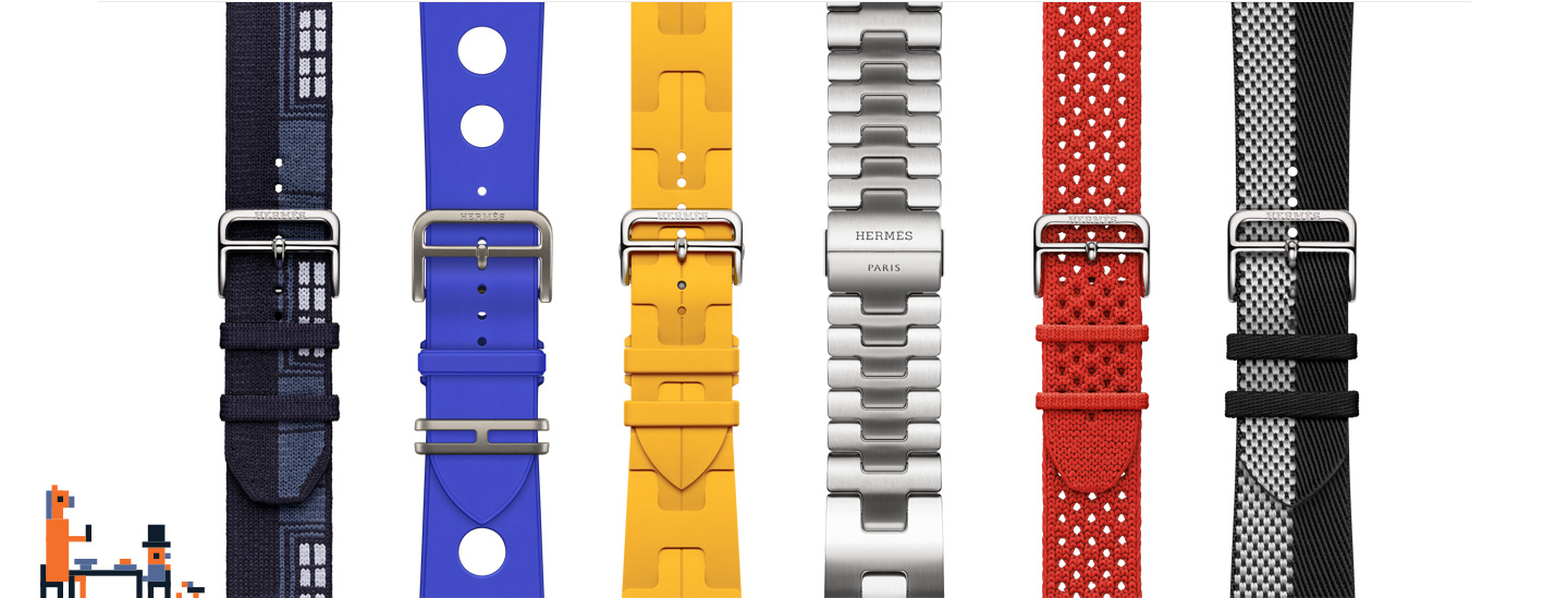 Una persona y un caballo en pixel art sentados a una mesa, correas para el Apple Watch Hermès en distintos estilos y colores