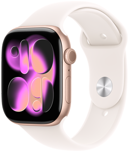 Apple Watch Series 11, color oro rosa, caja de aluminio, carátula Responsive Art, parte lateral derecha, Digital Crown, micrófono, botón lateral, correa deportiva, rosa rubor, cierre de encastre color plata