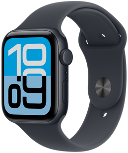 Apple Watch SE 3, caja de aluminio, color medianoche, carátula Flujo, parte lateral derecha, Digital Crown, micrófono, botón lateral, correa deportiva color medianoche, cierre de encastre color medianoche