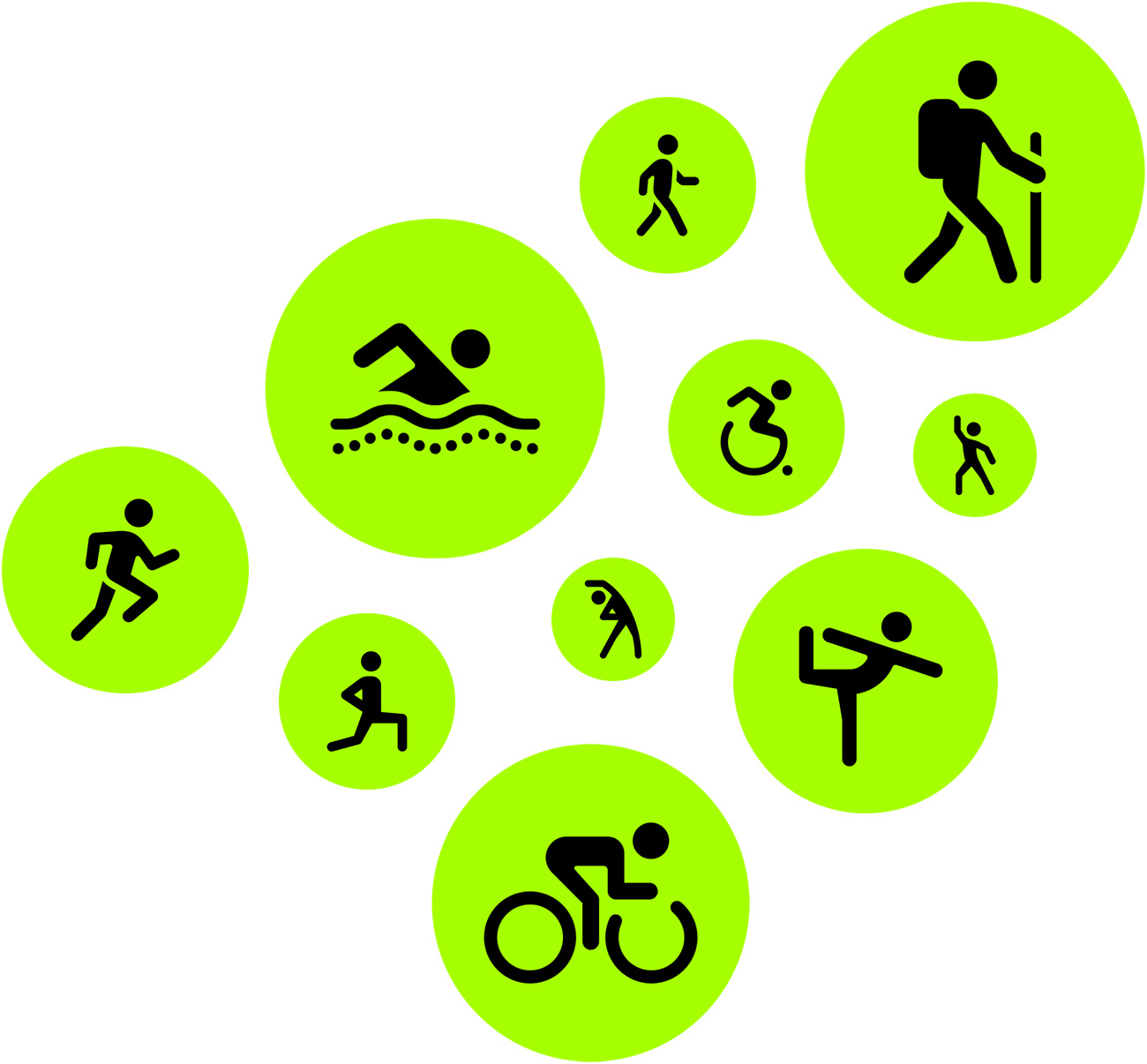 Íconos de entrenamientos: carrera, caminata, natación, senderismo, bicicleta, baile, estiramiento y yoga
